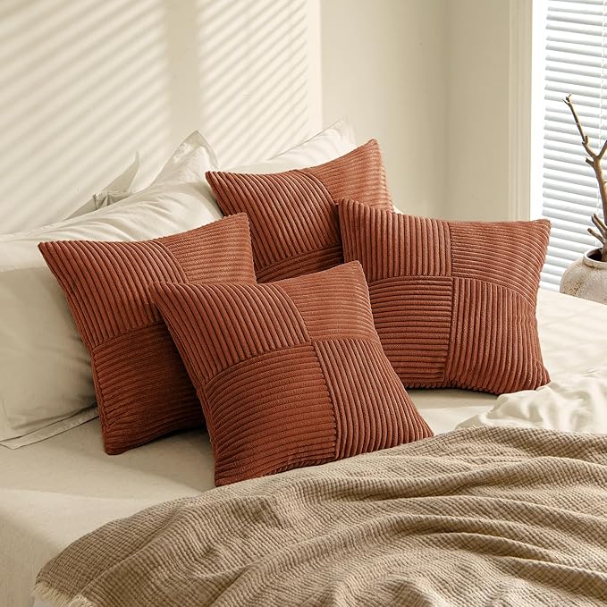 MIULEE Fall Boho Farmhouse Rust Decorative Throw Pillow Covers 20x20 Inch 4 Packs Soft Vintage Pillow Cases Modern Corduroy Patchwork Cushion Covers for Couch Sofa Bed Home Decor, Terracotta