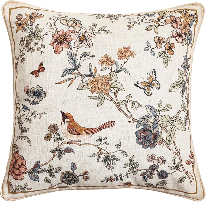 ISAENNE Designer Vintage Linen Throw Pillow Cover,18"x18"-Cornucopia A | Elegant French Square Pillow Cover,Concealed Zipper,Floral and Bird Pattern,Sofas,Bedroom,Living Room,Lounge Chairs