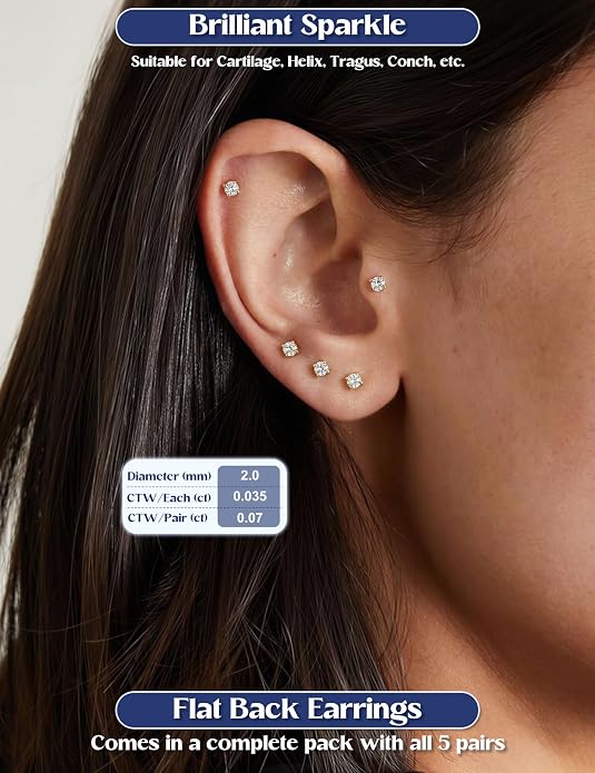 GEMQUEEN 5 Pairs Moissanite Earrings Studs 14K Gold Plated Stainless Steel Flat Back Earring for Women Men - Hypoallergenic Set Cartilage Helix Piercing Jewelry Brilliant Round Cut D Color VVS1 2mm