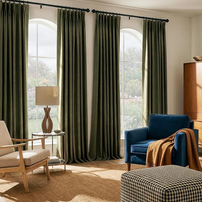 NICETOWN 92 inch Long Pinch Pleat Curtains & Drapes 2 Panels, Vintage Olive Green Drapery for Cottage, 395 GSM Faux Linen Double-Sided Textured Window Treatments with Hooks and Tiebacks (40" Wide)