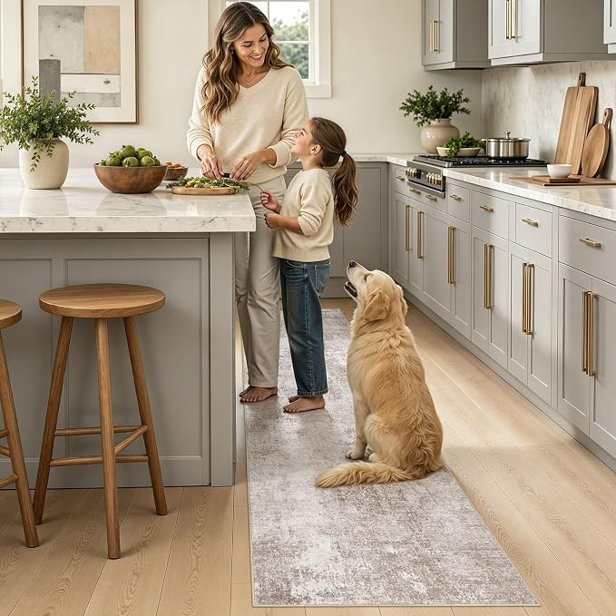 Machine Washable Runner Rug 2x6, Non Slip Soft Rug for Hallway | Modern Abstract Carpet, Stain Resistant and Kid & Pet Friendly, Low Pile Joint Friendly, Made for Kitchen, Bedside - Brown