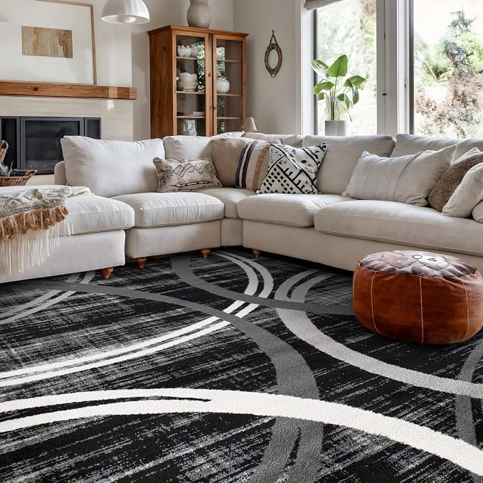 Rugshop Wavy Circles Modern Fade-Resistant Area Rug Black 6'6" x 9'