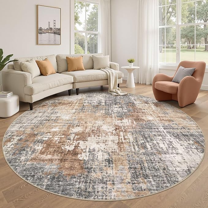 DMOYEST 8ft Round Area Rug Living Room Rugs - 8x8 Washable Large Soft Indoor Neutral Modern Abstract Low Pile Rug Carpet for Bedroom Dining Room Farmhouse Home Office - Grey Brown
