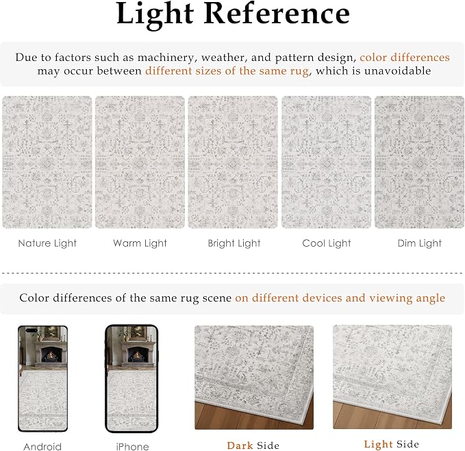 8x10 Grey Neutral Living Room Area Rug | Washable, Low Pile, Accent, Vintage, Soft, Non Slip, Carpet for Bedroom Dining Room Nursery Office Indoor Home Decor
