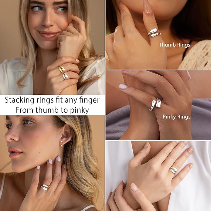 Non Tarnish Gold Chunky Rings for Women, 14K Gold Plated Statement Dome Rings Stacking Silver, Adjustable Mens Eternity Wedding Band Mixed Metal Jewelry Size 3-13