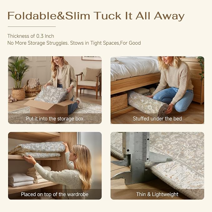 2x8 Taupe Washable Runner Rug Non Slip Retro Distressed Carpet | Soft Low Pile, Lightweight Foldable, Pet Friendly, Hallway, Kitchen, Bathroom, Front Door, Beside Bed