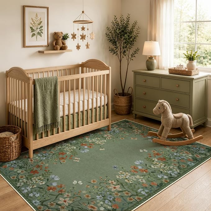 Wonnitar 4x6 Washable Area Rug, Green Floral Rug for Living Room, Boho Rug for Bedroom, Non Slip Ultra Thin Entryway Carpet, Farmhouse Kitchen Home Office Decor (4x6 Green)