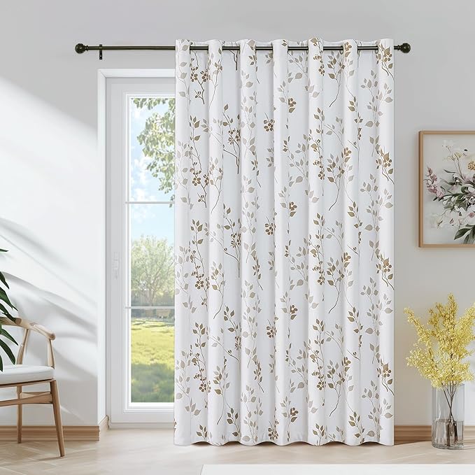 Beauoop Floral 100% Blackout Sliding Door Curtains Tan Brown 100x84 1 Set | Flower Patterned Brown White Room Darkening Patio Curtains Extra Wide Room Divider Drapes Thermal Window treatment Grommet
