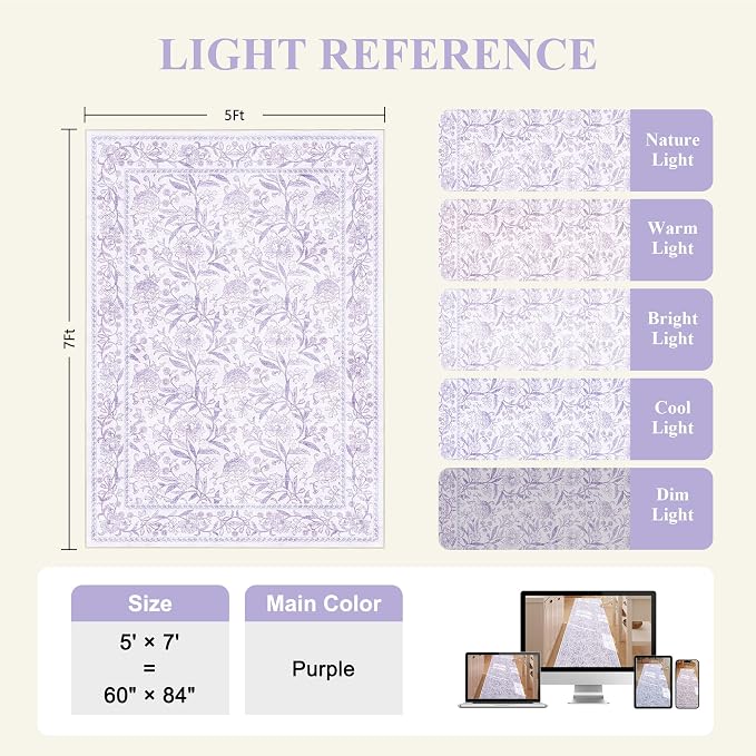 DUKINO 5x7 Area Rugs, Vintage Floral Washable Rug for Living Room, Purple | Non Slip, Low Pile, Non-Shedding, Stain Resistant Lightweight Boho Soft Carpet for Bedroom Home Office Dining Room Farmhouse