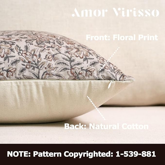 Amor Virisso Floral Throw Pillow Covers 12 x 20 Set of 2 Vintage Block Print Pillow Covers Decorative Pillow Covers Couch Pillows for Living Room Farmhouse Accent Sofa Pillows, Green/Sand