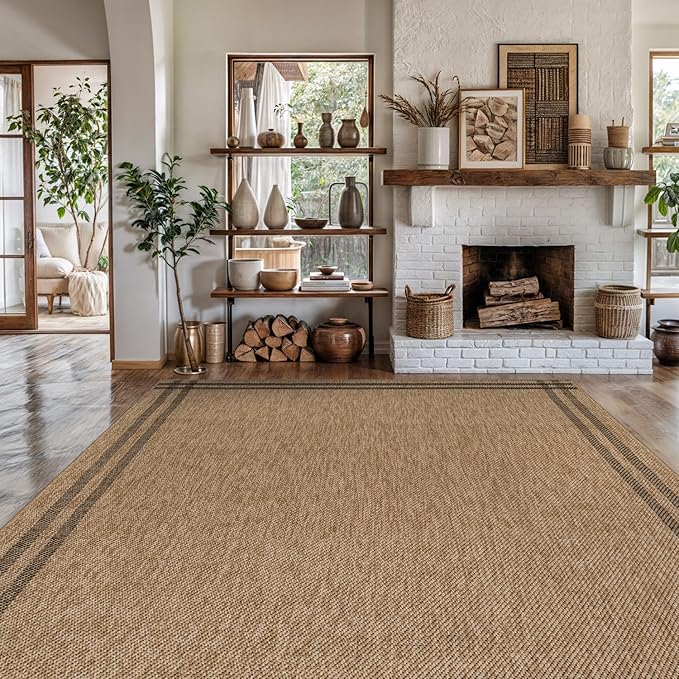 Luul Home Easy Jute Rugs 10x14 Bordered Natural Color Living Room Indoor Outdoor Area Rug for Patio and Kitchen Rug High Traffic Washable Easy to Clean Solid Boho Woven Design Outside Carpet (10 x 14)