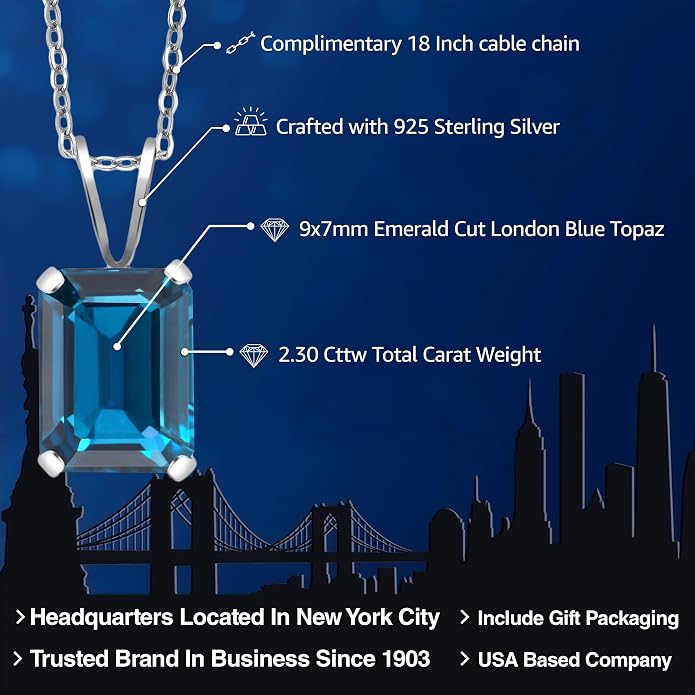 Gem Stone King Emerald Cut Pendant Necklace For Women | 925 Sterling Silver | Emerald Cut 9X7MM | Gemstone Birthstone | Fine Jewelry for Her Mom Wife | With 18 Inch Silver Chain