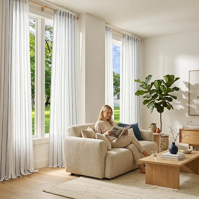 Vangao Striped Curtains Blue on White Semi Sheer Curtains 96 Inches Long for Living Room Bedroom Modern Farmhouse Linen Textured Light Filtering Drapes 2 Panels Blue W50 x L96 Inch