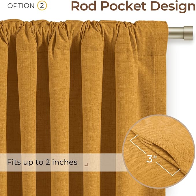 INOVADAY 100% Blackout Curtains 96 Inches Length 2 Panels Set, Back Tab/Rod Pocket Linen Black Out Curtains for Bedroom, Thermal Insulated Window Drapes - Dijon Mustard, W50 X L96