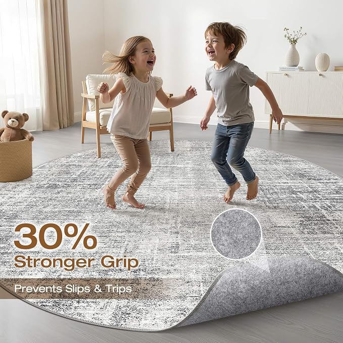 5ft Round Rug Living Room: 5x5 Washable Large Neutral Grey Circle Area Rug Abstract Soft Modern Stain Resistant Indoor Floor Non-Slip Carpet for Bedroom Nursery Kids Office Playroom Dining Room
