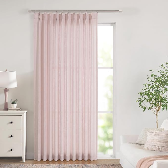 Vision Home Soft Pink Pinch Pleated Semi Sheer Curtains Textured Linen Blended Light Filtering Window Curtains 95 inch for Living Room Bedroom Patio Pinch Pleat Drapes with Hooks 1 Panel 60" Wx95 L