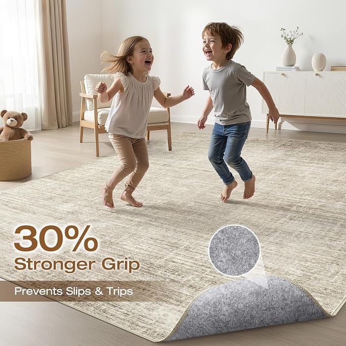 9x12 Area Rug Living Room: Washable Large Neutral Beige Rugs Abstract Soft Modern Stain Resistant Indoor Floor Non-Slip Carpet for Bedroom Nursery Kids Office Playroom Dining Room Under Table Home