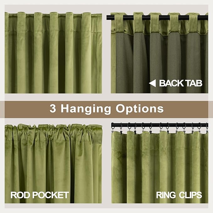 Moss Green Boho Velvet Curtains 63 Inch Length for Boys Bedroom 2 Panels Back Tab Rod Pocket Heavy Duty Heat Cold Blocking Light Dampening Drape for Kitchen Bathroom Laundry Closet Playroom 52x63 Long