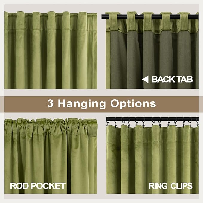 Moss Green Velvet Curtains 72 Inch Length for Dining Room 2 Panels Back Tab Rod Pocket Super Soft Thick Room Darkening Curtain for Kids Nursery Girls Bedroom Victorian Lime Green Sage Olive 52x72 Long