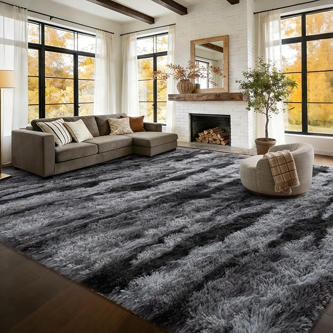 Extra Large 8x10 Area Rugs for Living Room Decor, Non-Slip Shaggy Tie-Dyed Rugs for Bedroom Kids Playroom Dorm Room, High Pile Ultra Soft Carpet, Black
