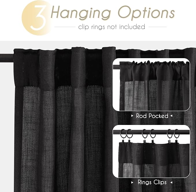 Black Linen Curtains 108 inches Long for Bedroom Back Tab Light Filtering Privacy Semi Sheer Black Curtains Living Room Boho Rustic Farmhouse Cotton Textured Gauze Curtain 2 Panel Set