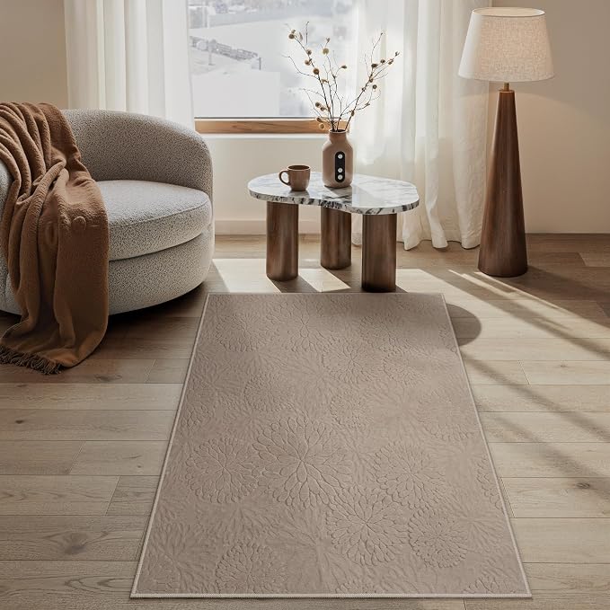 GENIMO Soft Washable Area Rugs 4x6, 3D Modern Floral Rugs for Living Room, High-Low Pile Textured Non Slip Fuzzy Shag Carpet, Non-Shedding Stain Resistant Light Brown Rugs for Bedroom, Dining Room