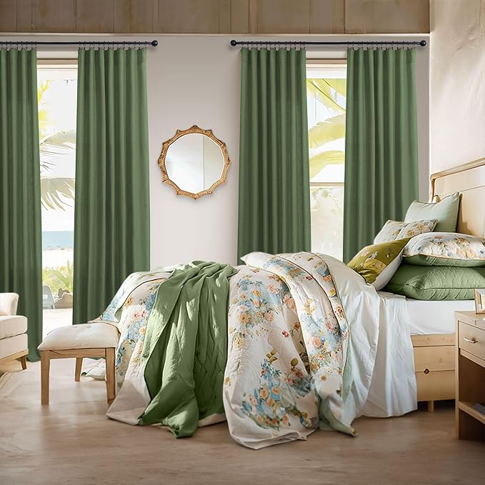 Pitalk Olive Green Curtains 96 Inches 8 FT Long for Living Room 2 Panels Back Tab Pocket Drape Thick Sheer Linen Cotton Modern Rustic Trendy Earthy Army Moss Green Curtain for Bedroom Farm House Decor