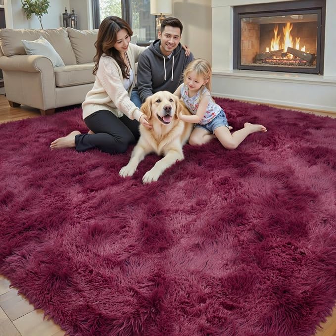 Area Rugs 9x12 Living Room, Large Area Rug Shaggy Carpet Soft Plush Furry Bedside Rug, Machine Washable Area Rugs for Bedroom Home Decor Non-Slip(9 x 12, Burgundy)