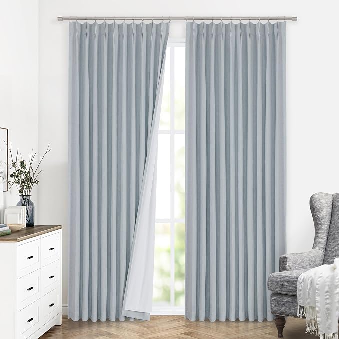 Vision Home Blue Fog Pinch Pleated Full Blackout Curtains Linen Blended Room Darkening Window Curtains 95 inch for Living Room Bedroom Thermal Insulated Pinch Pleat Drapes with Hooks 1 Panel 60"Wx95"L