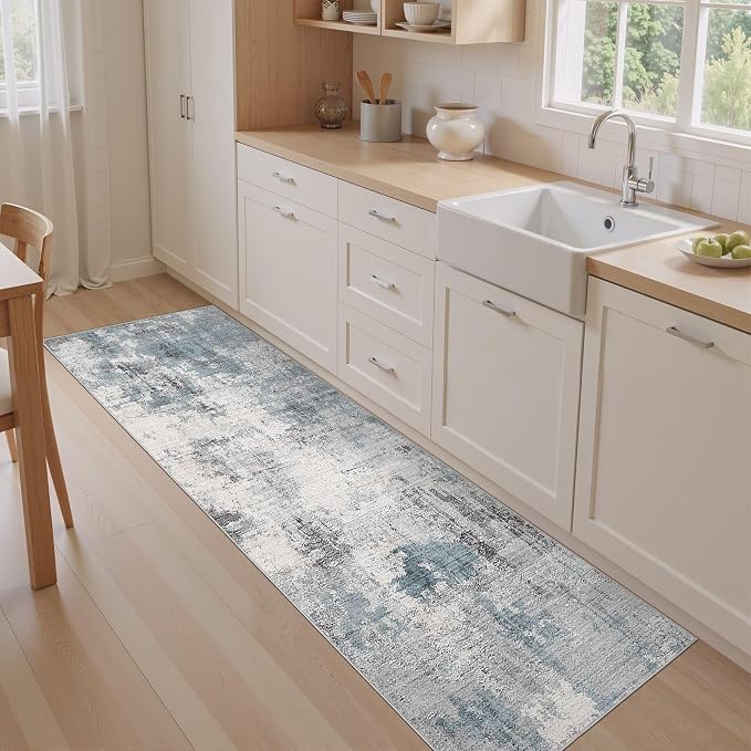 Abstract 2x8 Runner Rug: Machine Washable Non Slip Ultra Thin Low-Pile Carpet, Soft Stain Resistant for Hallway Kitchen Bathroom, Kid Pet Friendly, Robot Vacuum Compatible - Grey Blue