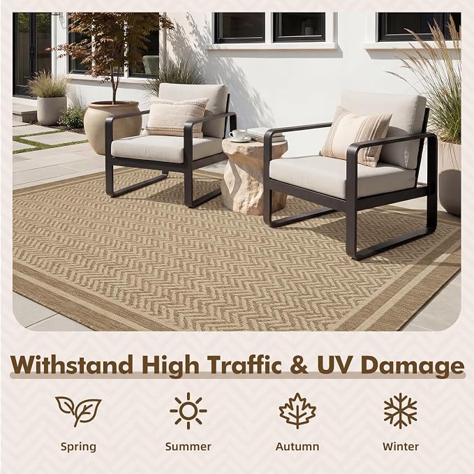 MontVoo-Outdoor Rug-Patio Rug 4x6 Polypropylene Indoor Outdoor Rugs Outdoor Carpet for Patio Deck Balcony Porch, Textured Weave, Durable for High Traffic, Fade-Resistant, Boho Farmhouse Neutral Brown