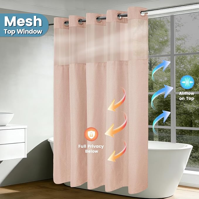 EUTXL Heavyweight Blush Pink No Hook Shower Curtain with Snap in Liner,256GSM Waffle Weave Shower Curtains for Bathroom,71W x 74H