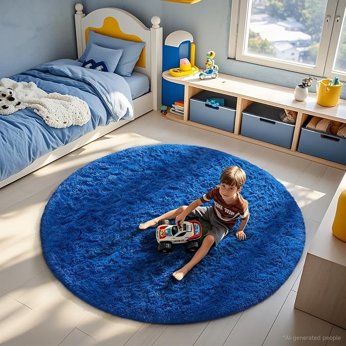 Ophanie Round Rug 6Ft Blue Circle Area Rug, Boys Room Decor, Fluffy Fuzzy Bedroom Carpet, Plush Soft Shaggy Living Room Rugs for Kids Home Aesthetic, Nursery with Over 99 pcs Pile fibers