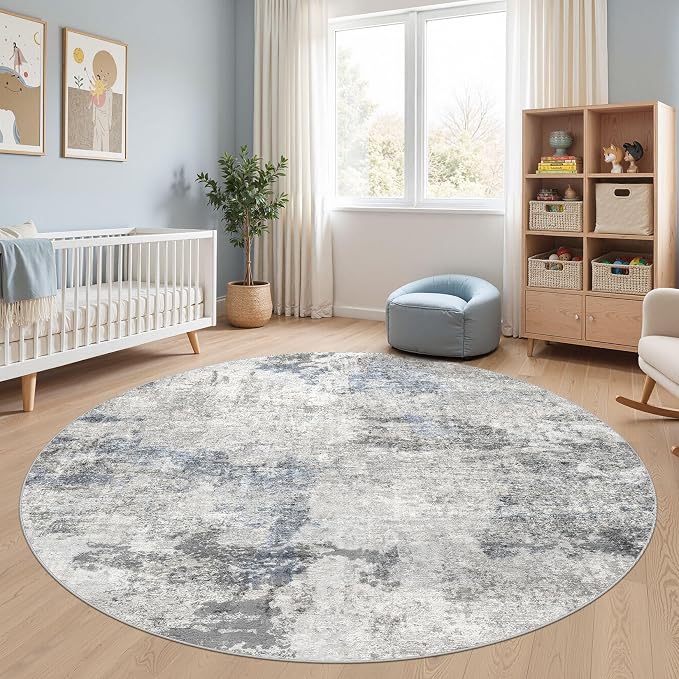 DMOYEST 8ft Round Area Rug for Living Room - 8x8 Washable & Non Slip Circle Rug, Kid & Pet Friendly Soft Low Pile Abstract Carpet for Bedroom and Dining Room - Grey Blue