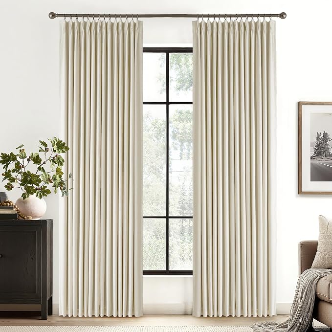 RYB HOME 100% Blackout Beige Pinch Pleated Linen Curtains for Bedroom, 2 Layers Thermal Insulated Natural Neutral Decor for Farmhouse Living Room, 40" W x L84 L, 2 Panels Set