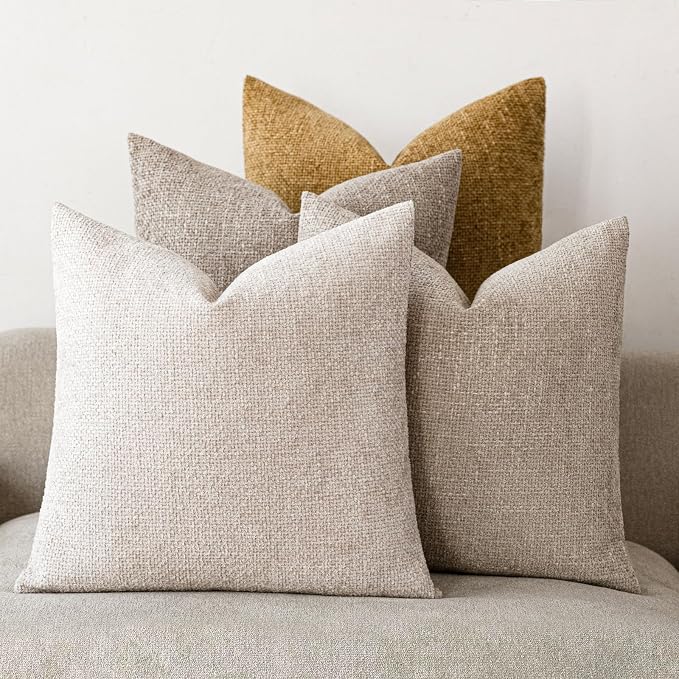 18x18 Chenille Throw Pillow Covers, Pack of 4, Neutral Beige/Yellow Series