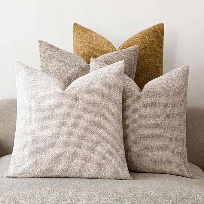 20x20 Chenille Throw Pillow Covers, Pack of 4, Neutral Beige/Yellow Series