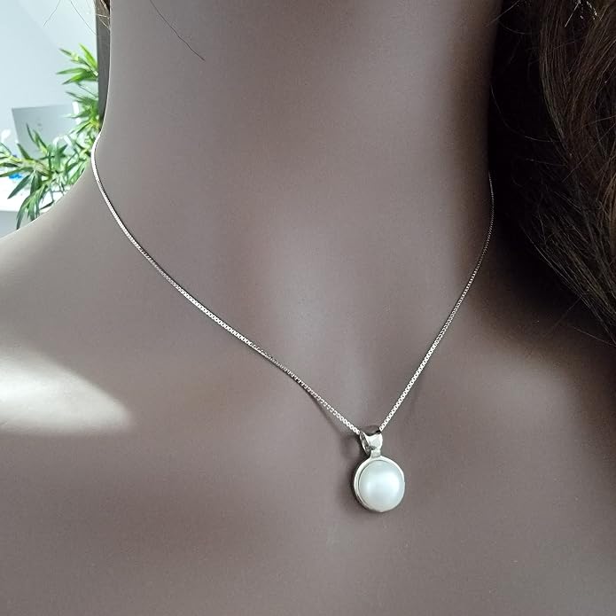 Natural gemstone 8mm round pendant with white gold over 925 sterling silver bezel cabochon plate and box chain, real genuine dainty birthstone gift for her, uniquelan jewelry