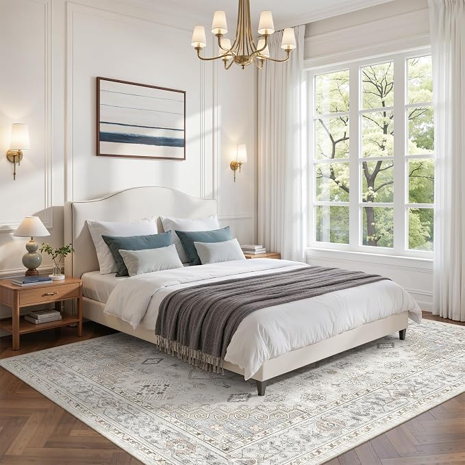 befbee 6x9 Area Rugs for Living Rooms, Stain Resistant Neutral Washable Rugs for Dining Rooms, Floral Vintage Non-Slip Thin Large Size Area Rug(Light Grey)