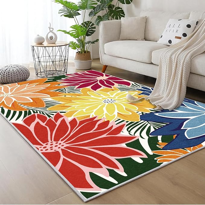 ZonLi Colorful Outdoor Rug 6x9Ft Waterproof Multicolored Indoor Area Rug Washable Outdoor Patio Rugs Tropical Floral Non Slip Outdoor Carpet for Living Room, Pool,Backyard,Deck,Camping