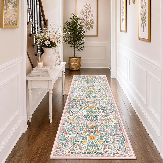 2x6 Washable Runner Rug,Pink Floral Boho Long Rug for Hallway,Low-Pile Non-Slip Stain Resistant Carpet for Kitchen, Bedside,Laundry Room,Entryway
