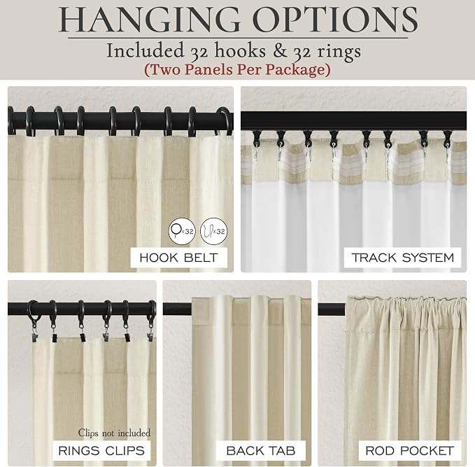 Warm Cream Thick Linen Black Out Curtains 100 Inch Long for Living Room 2 Panels Set, Farmhouse Pleated Room Darkening Window Drapes Insulated Privacy for Kids Bedroom 50"W x 100"L (Rod Pocket)