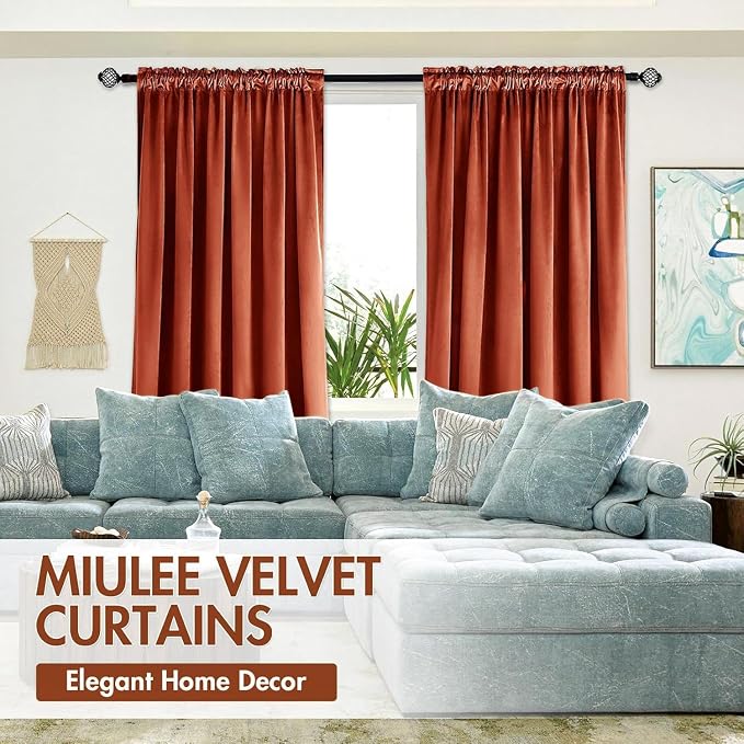 MIULEE Fall Burnt Orange Blackout Velvet Curtains 84 Inch Long 52"x84" Soft | Luxurious Bedroom Living Room Decor, Room Darkening, Thermal Insulated, Rod Pocket Design, Super Soft Fabric