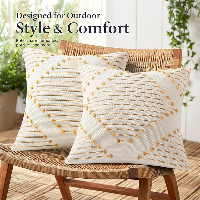 Mecatny Boho Summer Outdoor Throw Pillow Covers 22X22 Set of 2, Farmhouse Decorative Pillow Covers for Couch Sofa Living Room, Yellow & White