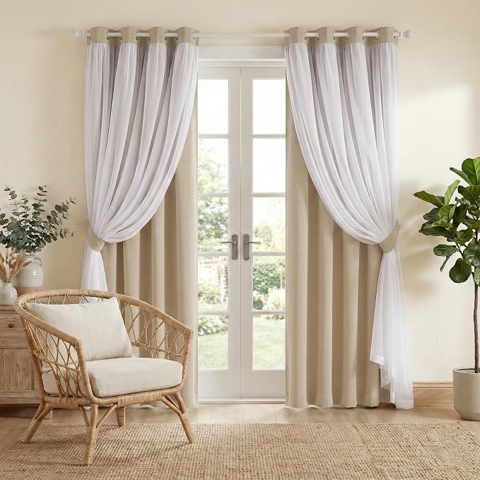 PONY DANCE Sheer Window Curtains - Mix & Match Window Treatments Light Block Drapes Blackout Panels for Living Room, 52 by 95 in, Biscotti Beige, 2 Pieces