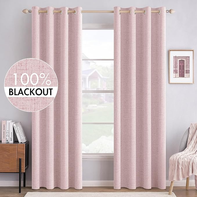 MIULEE Linen Texture Curtains for Bedroom Solid 100% Blackout Thermal Insulated Pink Curtains Grommet Room Darkening Drapes for Living Room 52x96 Inch (2 Panels)