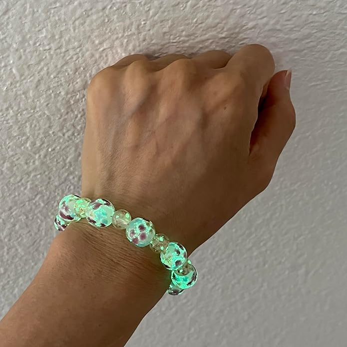 ARTSY Crafts Lily Garden Glow in the Dark Firefly Bead Bracelets Necklaces, Handmade in USA Murano Glass Jewelry, Flower Luminous Beads Mermaid Crystal Bracelet Bangle