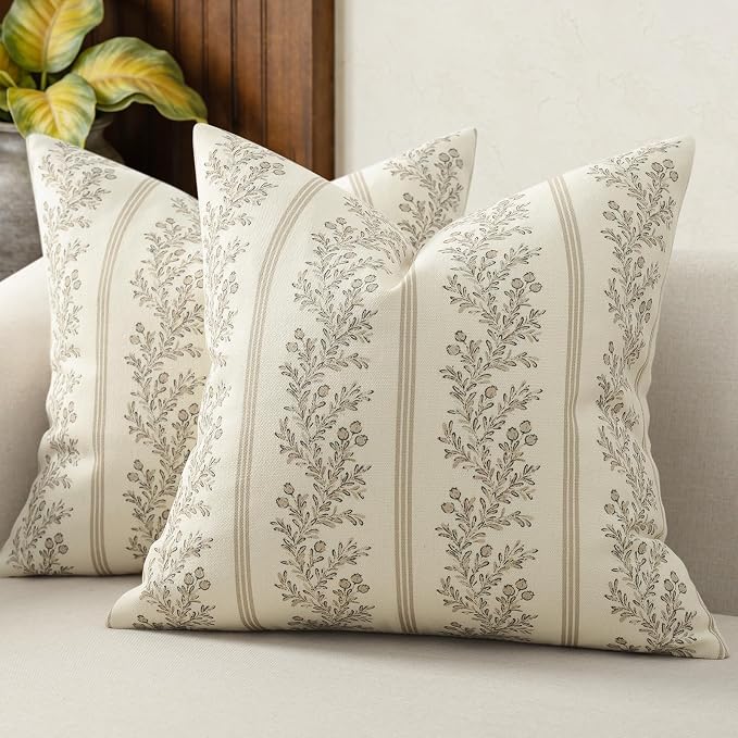 Vintage Throw Pillow Covers 26x26 Set of 2, Striped Floral Pillow Cover Botanical Patterned Decorative Cushion Covers Modern Farmhouse Home Decor for Sofa Couch Bed Living Room, Light Brown