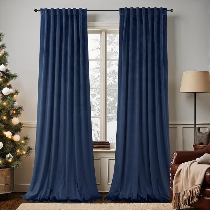 Navy Blue Velvet Curtains 90 Inches Long 2 Panels Luxury Decorative Window Treatment Drape Living Room Darkening Thermal Patio Sliding Glass Door Curtain for Bedroom Dark Blue Indigo Vintage 90 Length