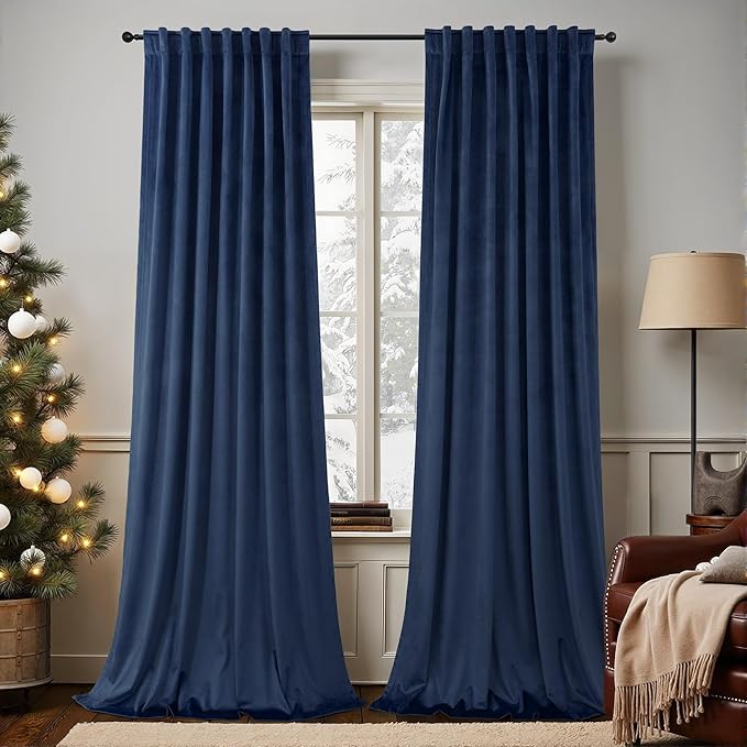 Navy Velvet Curtains 108 Inches Long 2 Panel for Patio Sliding Door Soundproof Light Blocking Solid Privacy Royal Blue Dark Out Drape for Bedroom Living Room Darkening Thermal Coastal Decor 9ft Length